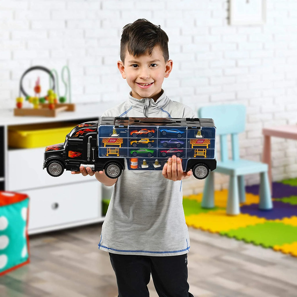 Toy Truck Transport Car Carrier - Toy Truck Includes 6 Toy Cars and Accessories - Toy Trucks Fits 28 Toy Car Slots - Great Car Toys Gift for Boys and Girls - Original by Usa