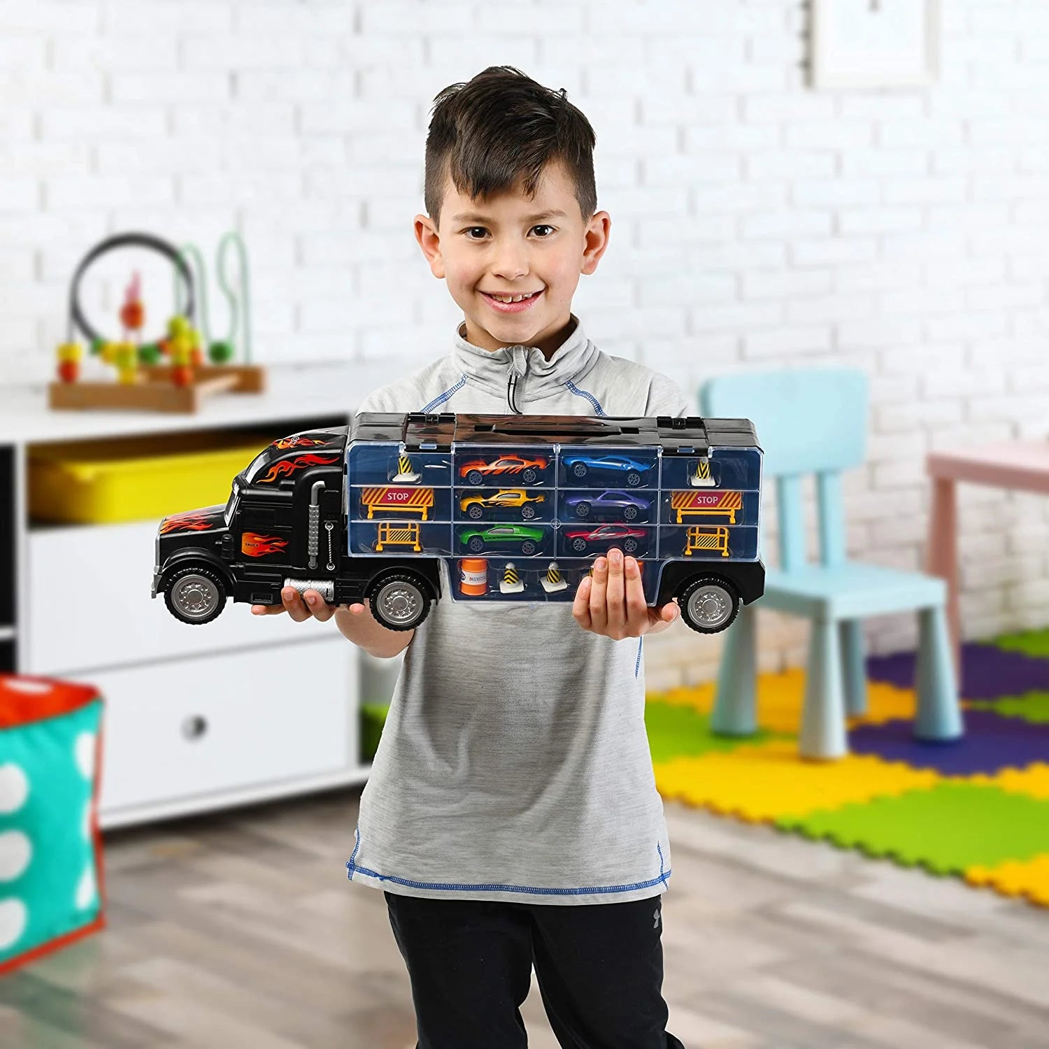 Toy Truck Transport Car Carrier - Toy Truck Includes 6 Toy Cars and Accessories - Toy Trucks Fits 28 Toy Car Slots - Great Car Toys Gift for Boys and Girls - Original by Usa