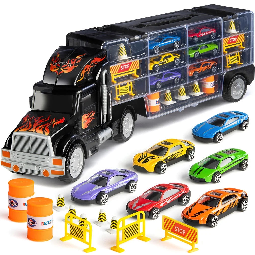Toy Truck Transport Car Carrier - Toy Truck Includes 6 Toy Cars and Accessories - Toy Trucks Fits 28 Toy Car Slots - Great Car Toys Gift for Boys and Girls - Original by Usa