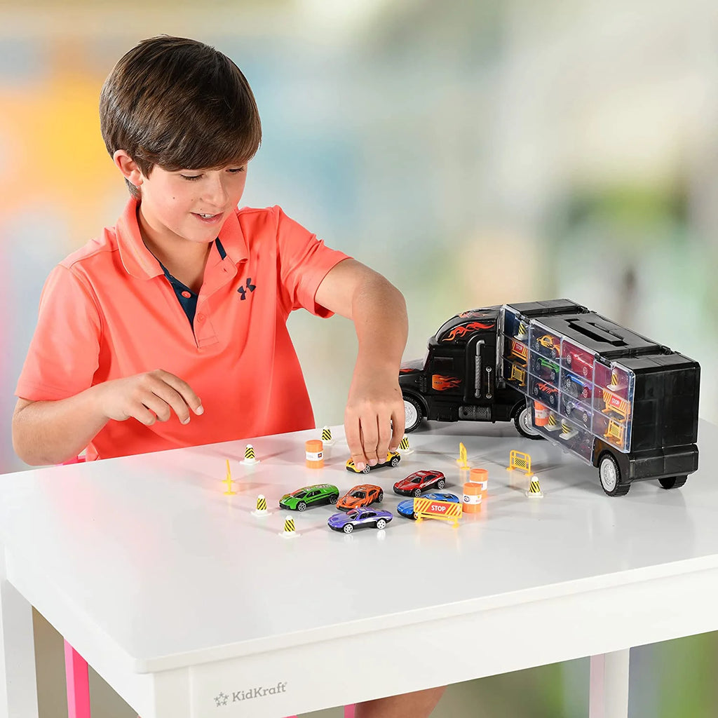 Toy Truck Transport Car Carrier - Toy Truck Includes 6 Toy Cars and Accessories - Toy Trucks Fits 28 Toy Car Slots - Great Car Toys Gift for Boys and Girls - Original by Usa