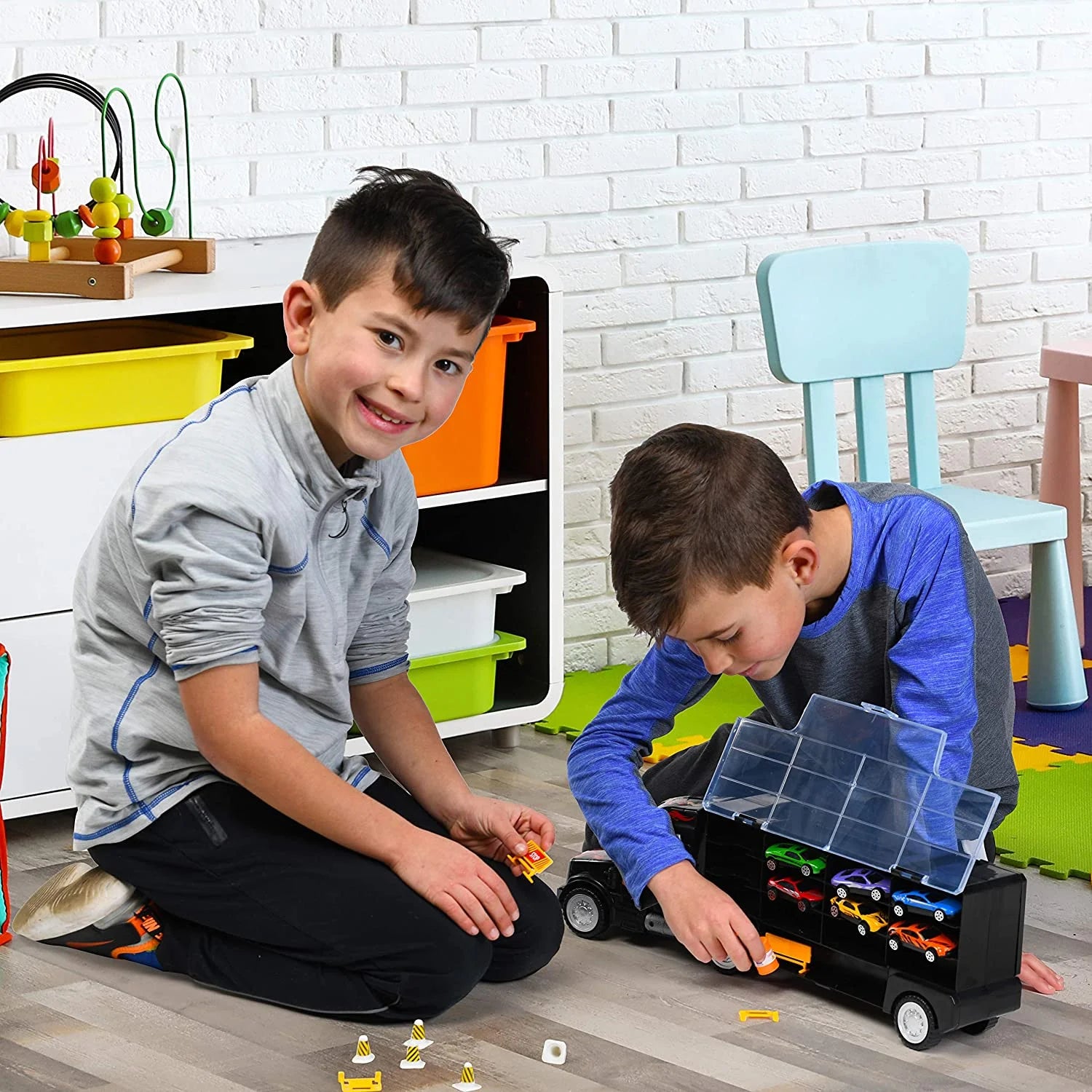 Toy Truck Transport Car Carrier - Toy Truck Includes 6 Toy Cars and Accessories - Toy Trucks Fits 28 Toy Car Slots - Great Car Toys Gift for Boys and Girls - Original by Usa