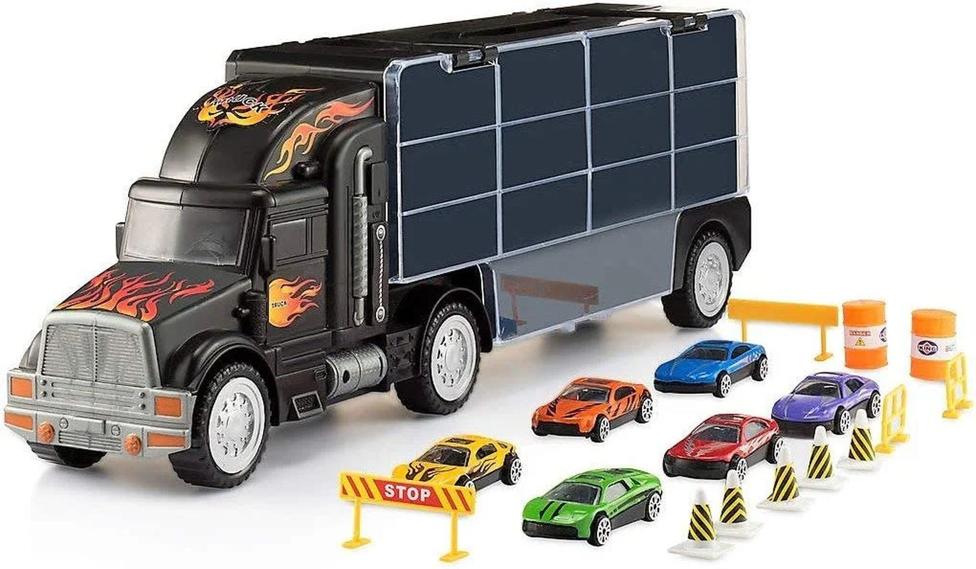Toy Truck Transport Car Carrier - Toy Truck Includes 6 Toy Cars and Accessories - Toy Trucks Fits 28 Toy Car Slots - Great Car Toys Gift for Boys and Girls - Original by Usa